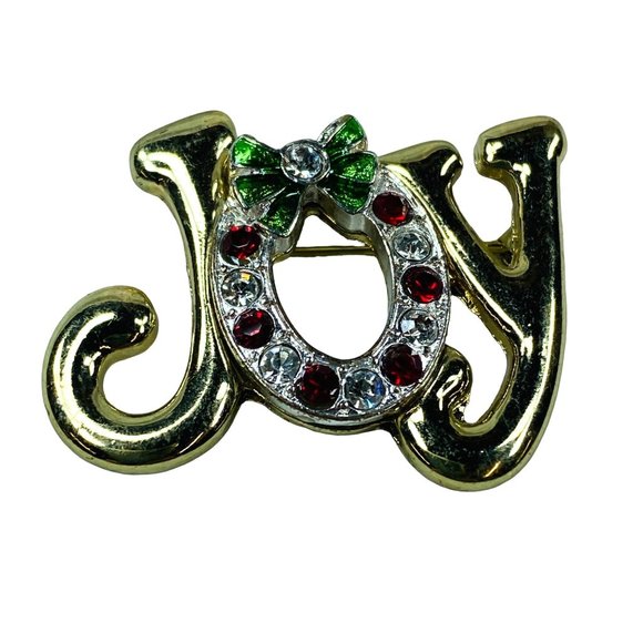 JOY Christmas Pin Brooch Gold Color Wreath Design Around the O Rhinestone Accent - Picture 1 of 13